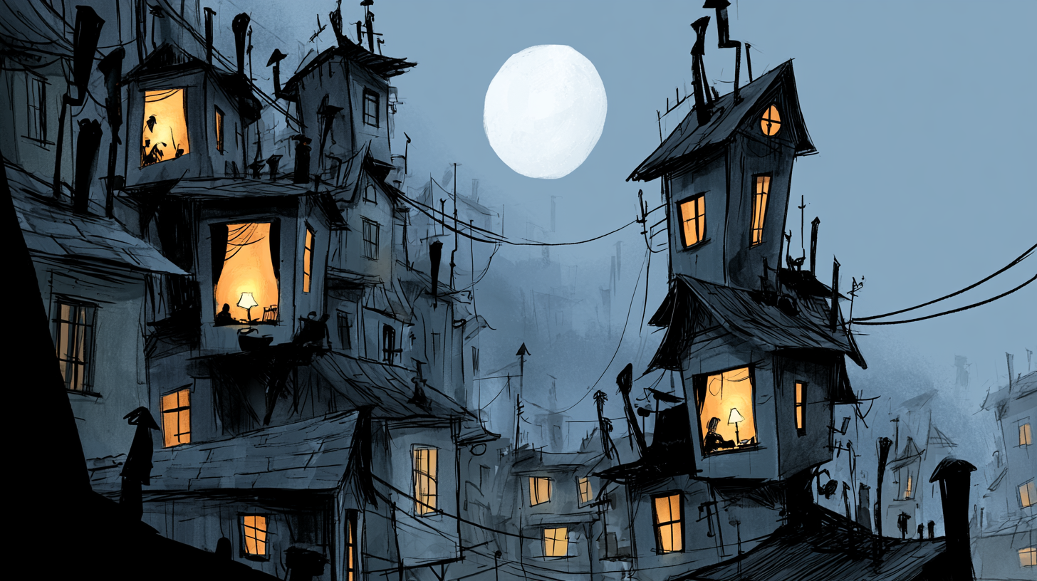 A crooked town at night under a pale moon, a few windows warmly lit.