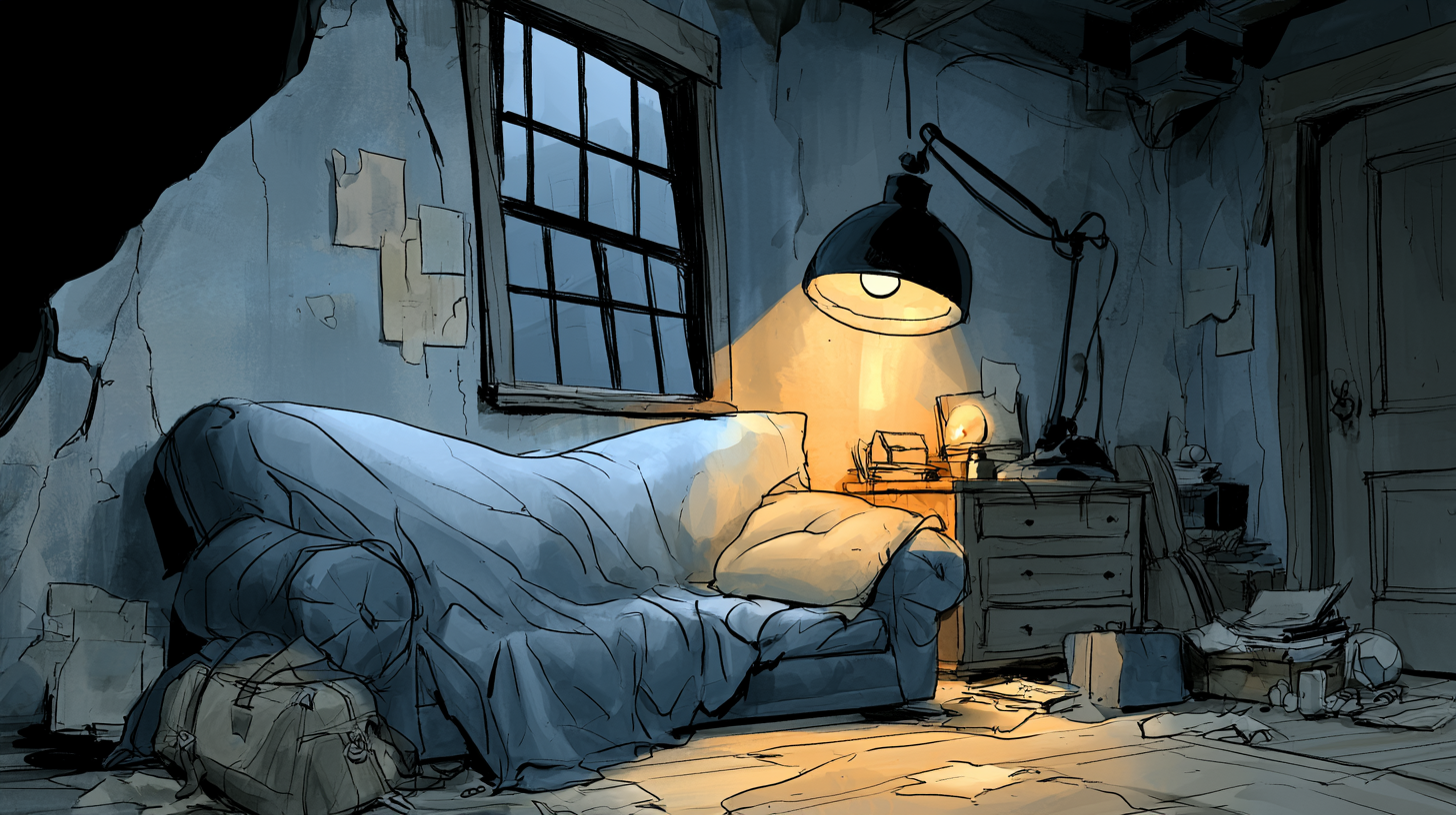 A small room lit by a single lamp
