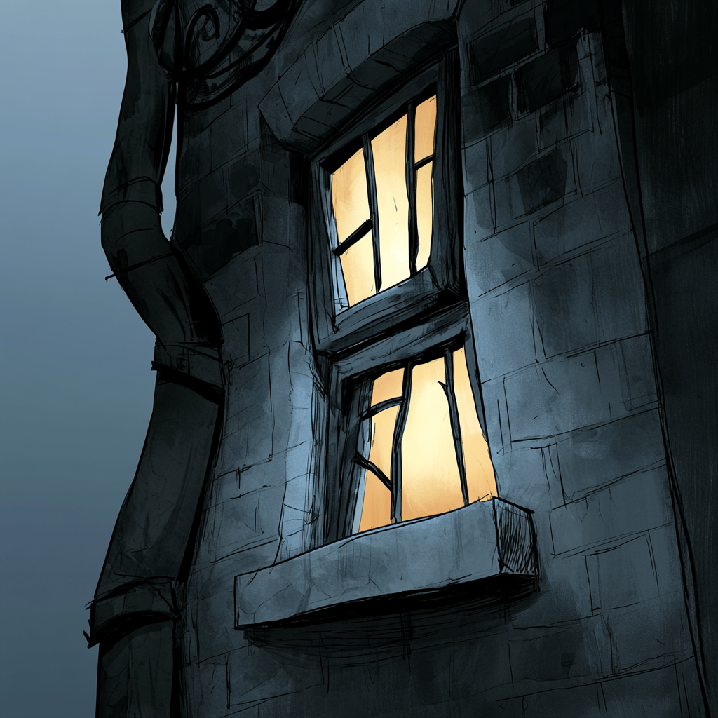 A tall stone wall with one warmly lit window at night.