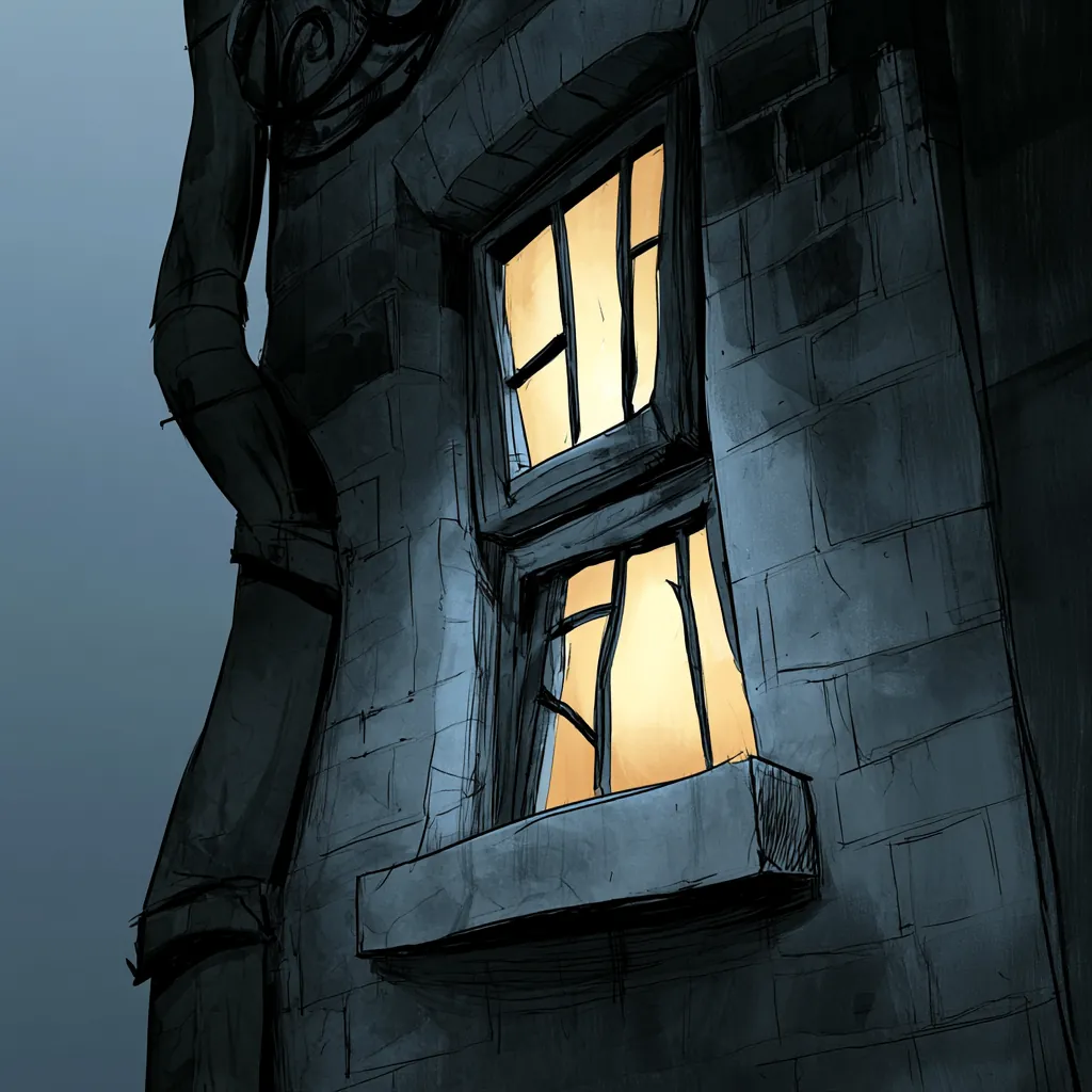 A tall stone wall with one warmly lit window at night.